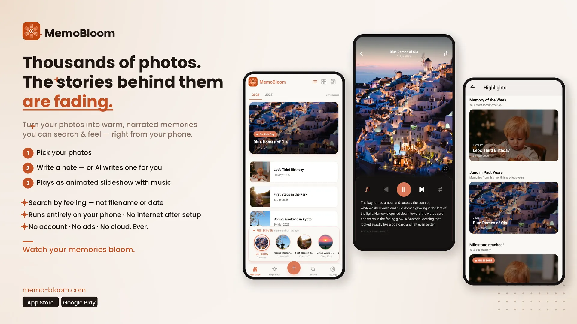 MemoBloom app — home screen and slideshow showing AI narratives, 100% private, semantic search, works offline