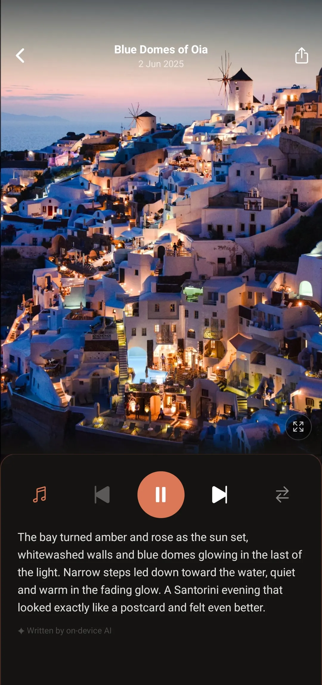 MemoBloom app showing a narrated memory of Santorini at sunset